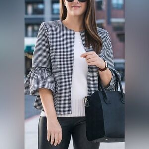 Halogen Black White Gingham Zip Front Jacket Blazer Ruffle Sleeve Medium
